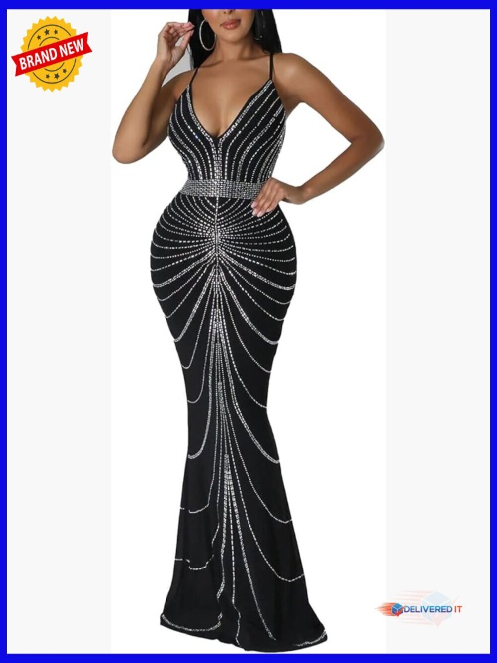 Rhinestone Sequin Bodycon Maxi Dress for Party Club Night Out Formal